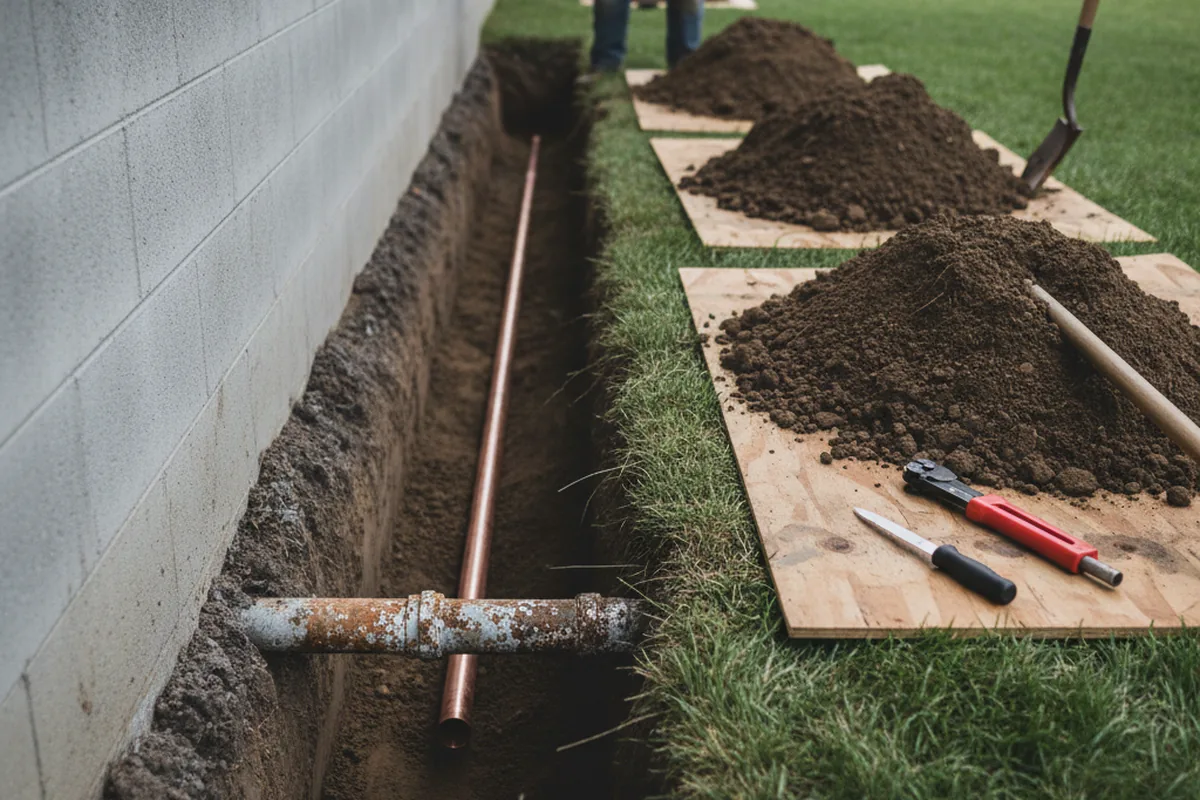 Excavated water line trench during Water Heater Repair in Newcomb